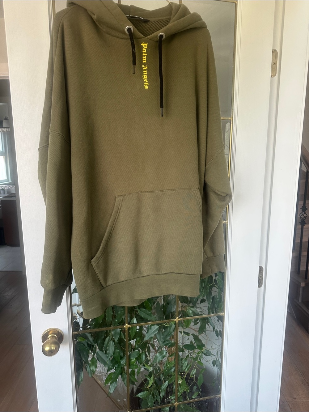 Palm Angels Olive Green Pullover Hoodie with Yellow Script